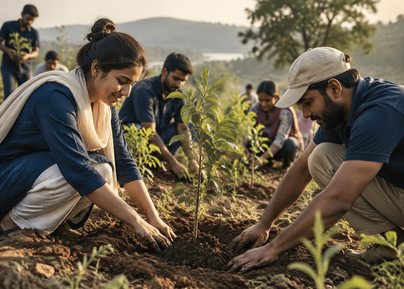Community volunteers planting a young tree