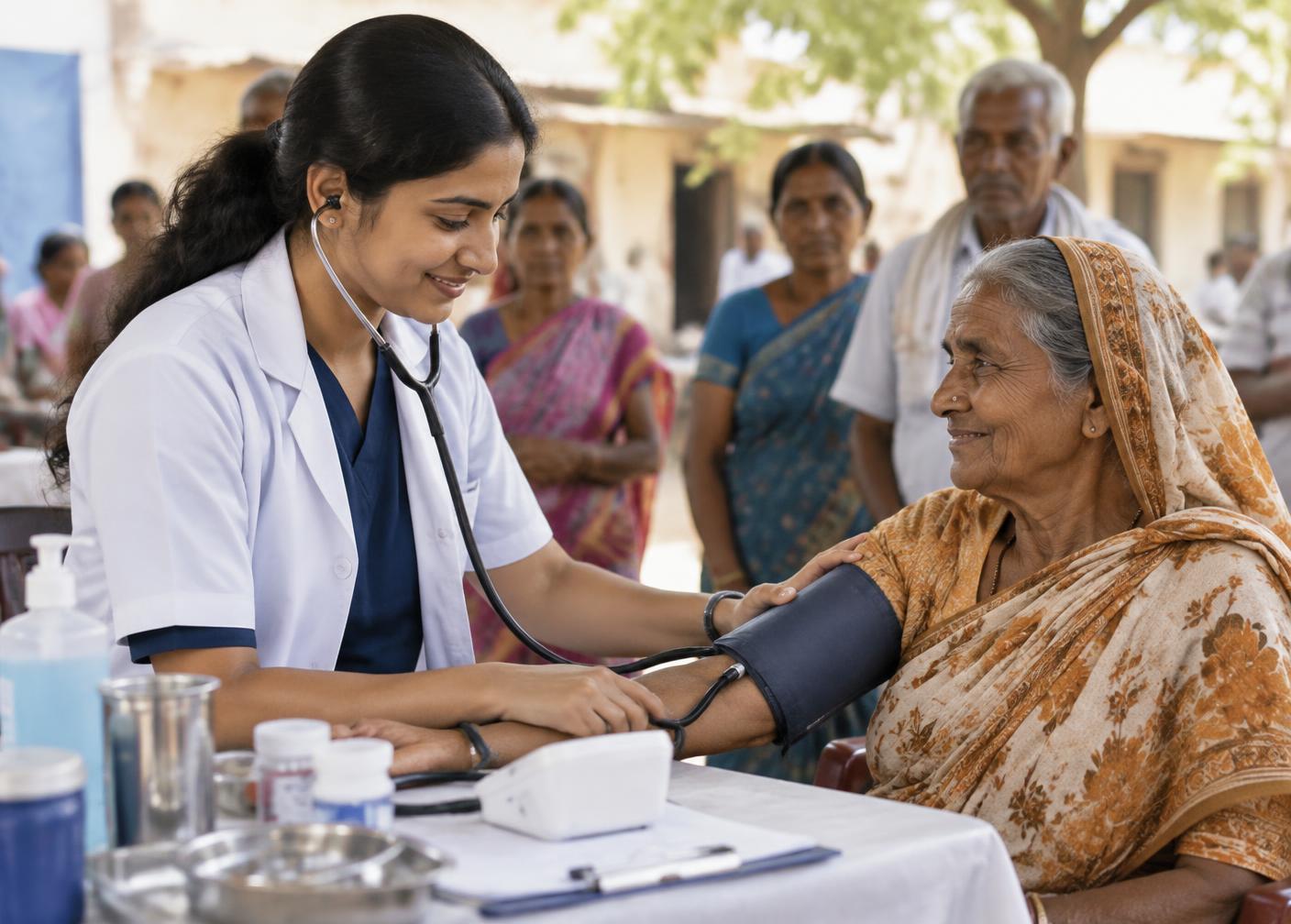 Healthcare professional supporting a woman at a community health camp